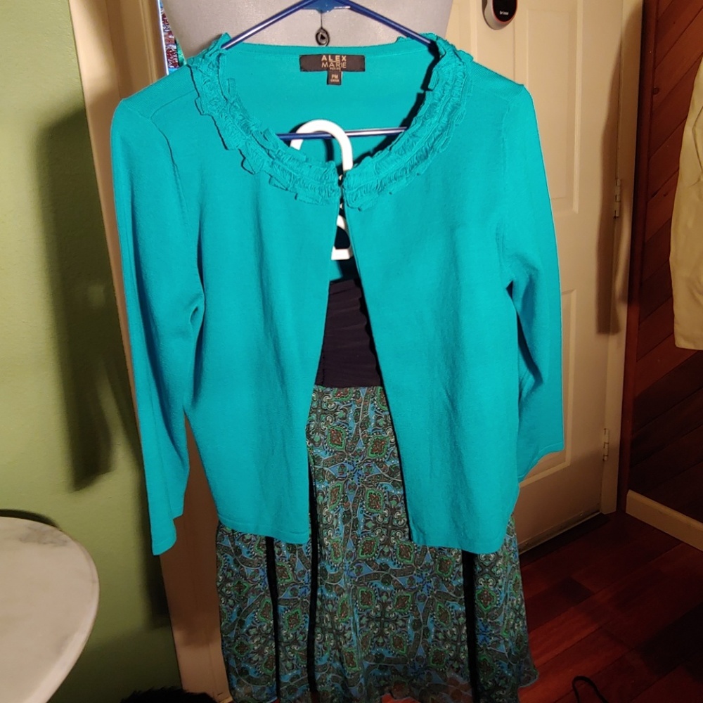 Alex Marie - turquoise knit cardigan w ruffle EUC